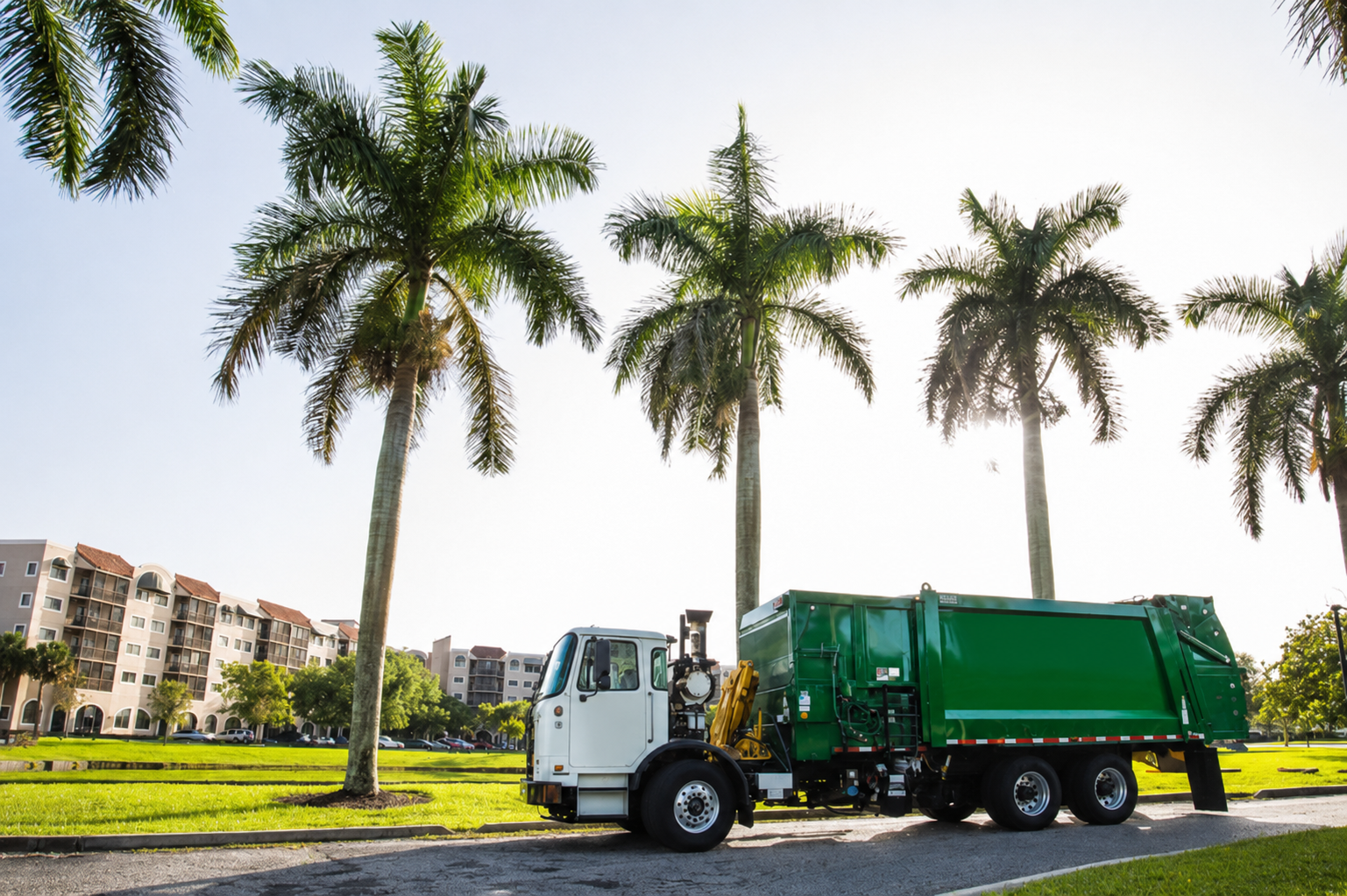 Pelican Coast garbage truck under Florida palms